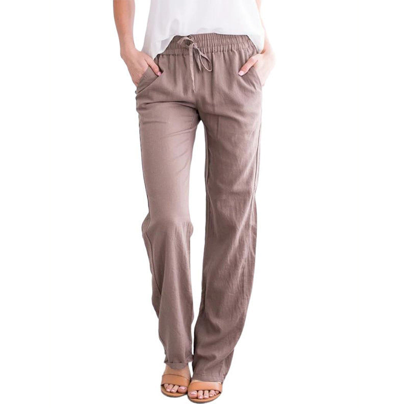 Damen Leichte Leinenoptik Palazzo-Hose mit Gummibund, Tunnelzug und Eingrifftaschen Drune