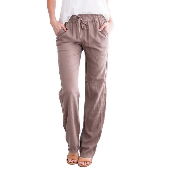 Damen Leichte Leinenoptik Palazzo-Hose mit Gummibund, Tunnelzug und Eingrifftaschen Drune