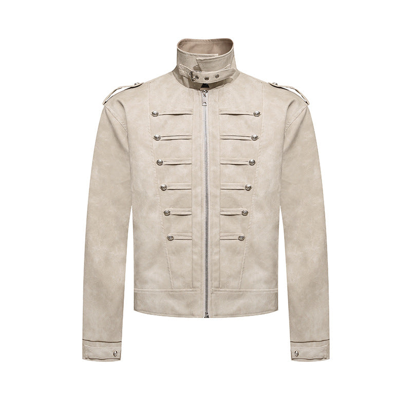 Herren Kurzjacke im Military-Marching‑Look aus Velourslederimitat mit Stehkragen & Zierknöpfen Drune