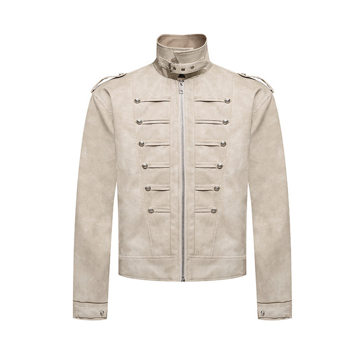 Herren Kurzjacke im Military-Marching‑Look aus Velourslederimitat mit Stehkragen & Zierknöpfen Drune