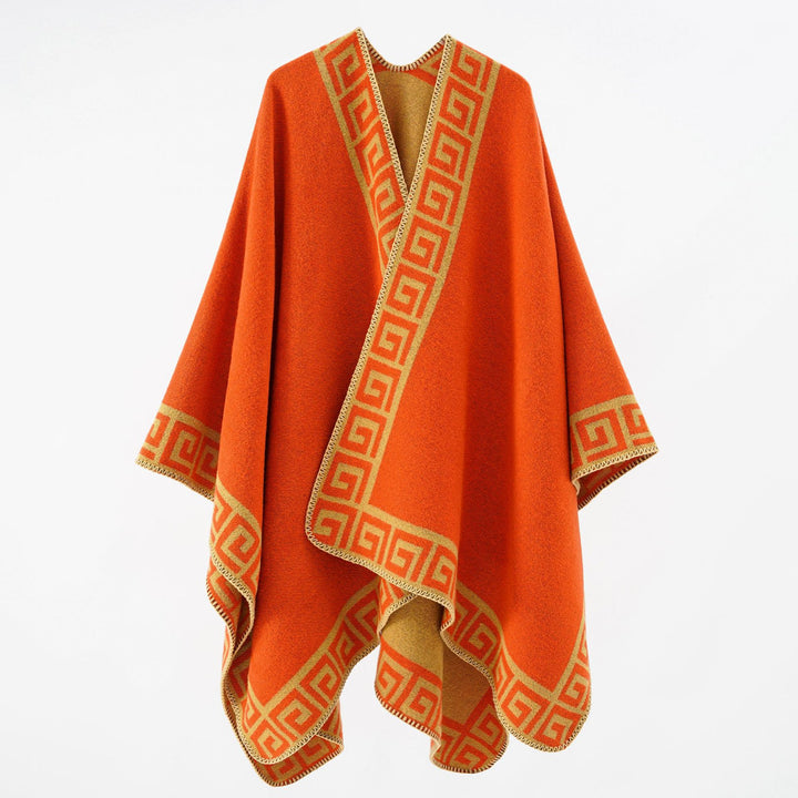 Damen Cape‑Poncho mit Mäander‑Bordüre und Wollmix‑Qualität Drune