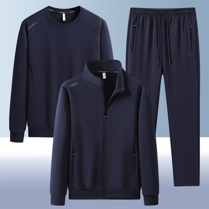 [Herren] Zweiteiliges Trainingsset mit Stehkragen-Zipjacke, Rundhals‑Sweatshirt und konisch geschnittener Jogginghose aus atmungsaktivem Fleece Drune