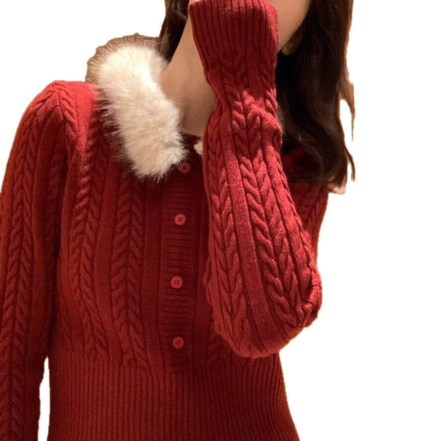 Damen Eleganter Strickpullover mit Kunstfellkragen Drune