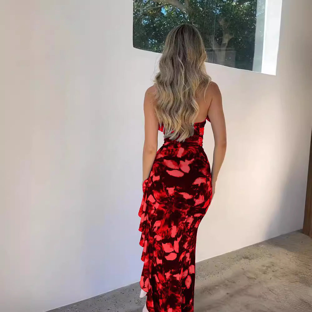 Damen Träger Maxikleid mit verspieltem Rüschen-Ausschnitt und floralem Design Drune