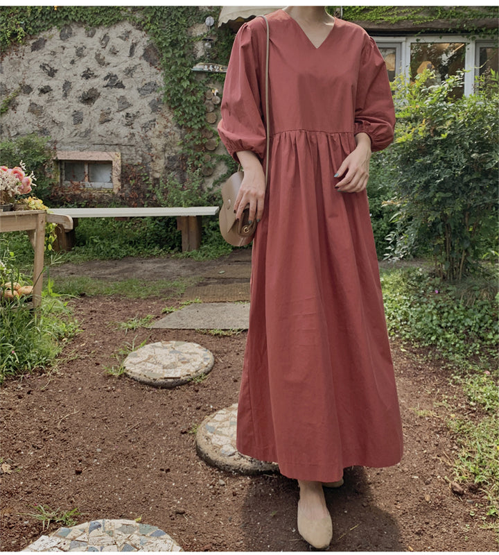 Damen Maxikleid mit V-Ausschnitt, geraffter Taillennaht und voluminösen dreiviertel-Ärmeln Drune