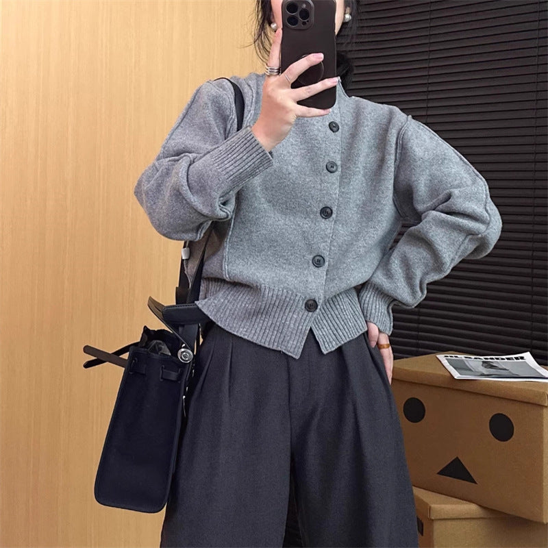 Damen Strickjacke mit Knopfverschluss und Rippdetails Drune