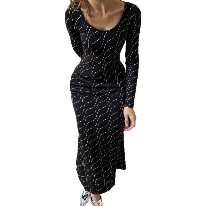 Damen Figurbetontes Maxikleid mit langen Ärmeln und wellenförmiger Paillettenverzierung Drune