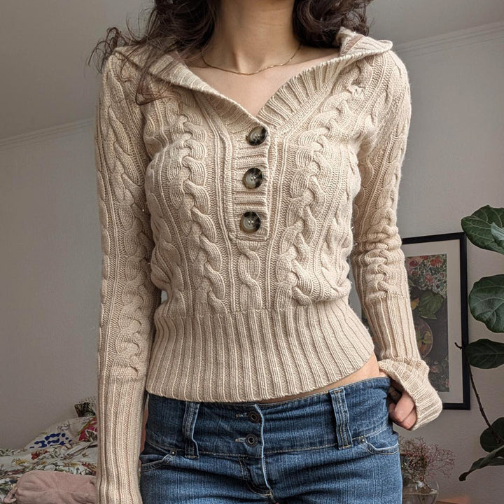Damen Feinstrick-Pullover mit Zopfstrick, V‑Kragen mit Knopfleiste und breitem Rippbund Drune