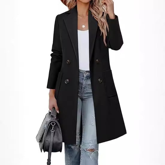 Damen Doppelreihiger Longblazer-Mantel mit aufgesetzten Taschen und taillierter Silhouette Drune