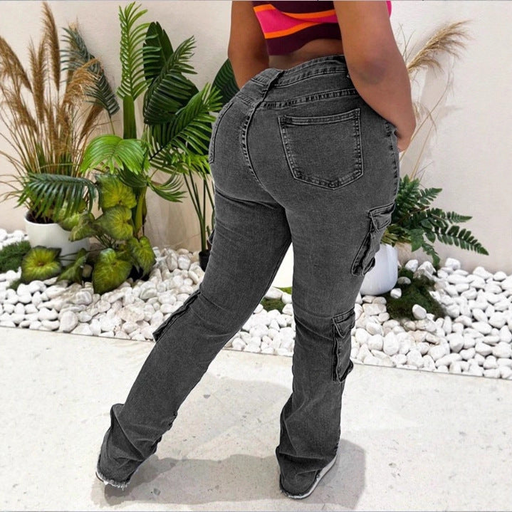 Damen Hochgeschnittene Cargo-Jeans mit mehreren Pattentaschen und ausgefranstem Saum Drune