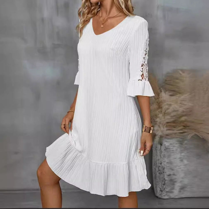 Damen Kurzarm Kleid mit voluminösem Saum und Spitzenärmeln Drune