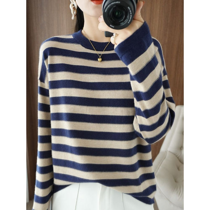 Damen lässiger Strickpullover mit breiten Streifen Drune
