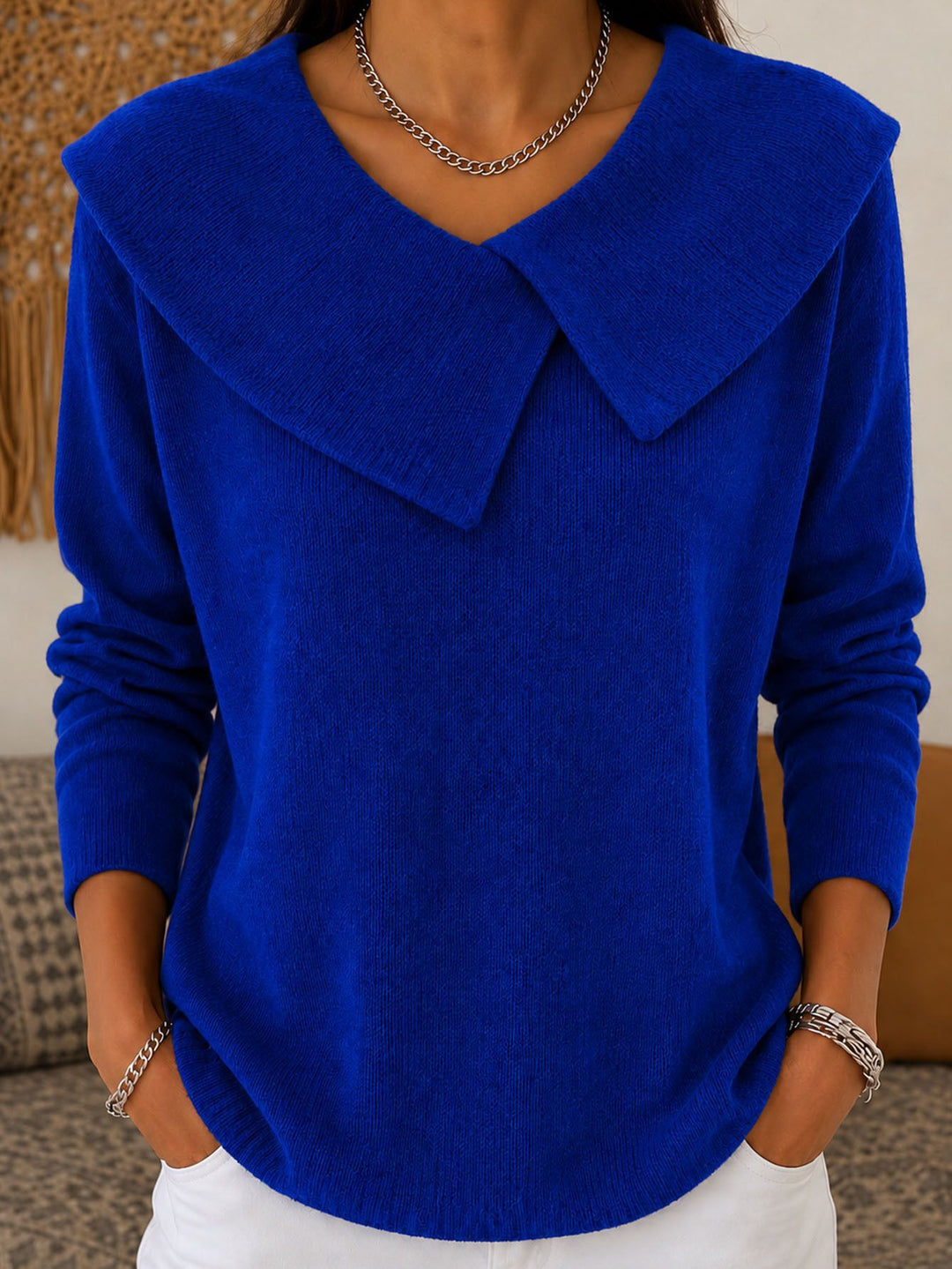 Damen Grobgestrickter Strickpullover mit übergroßem Matrosenkragen Drune