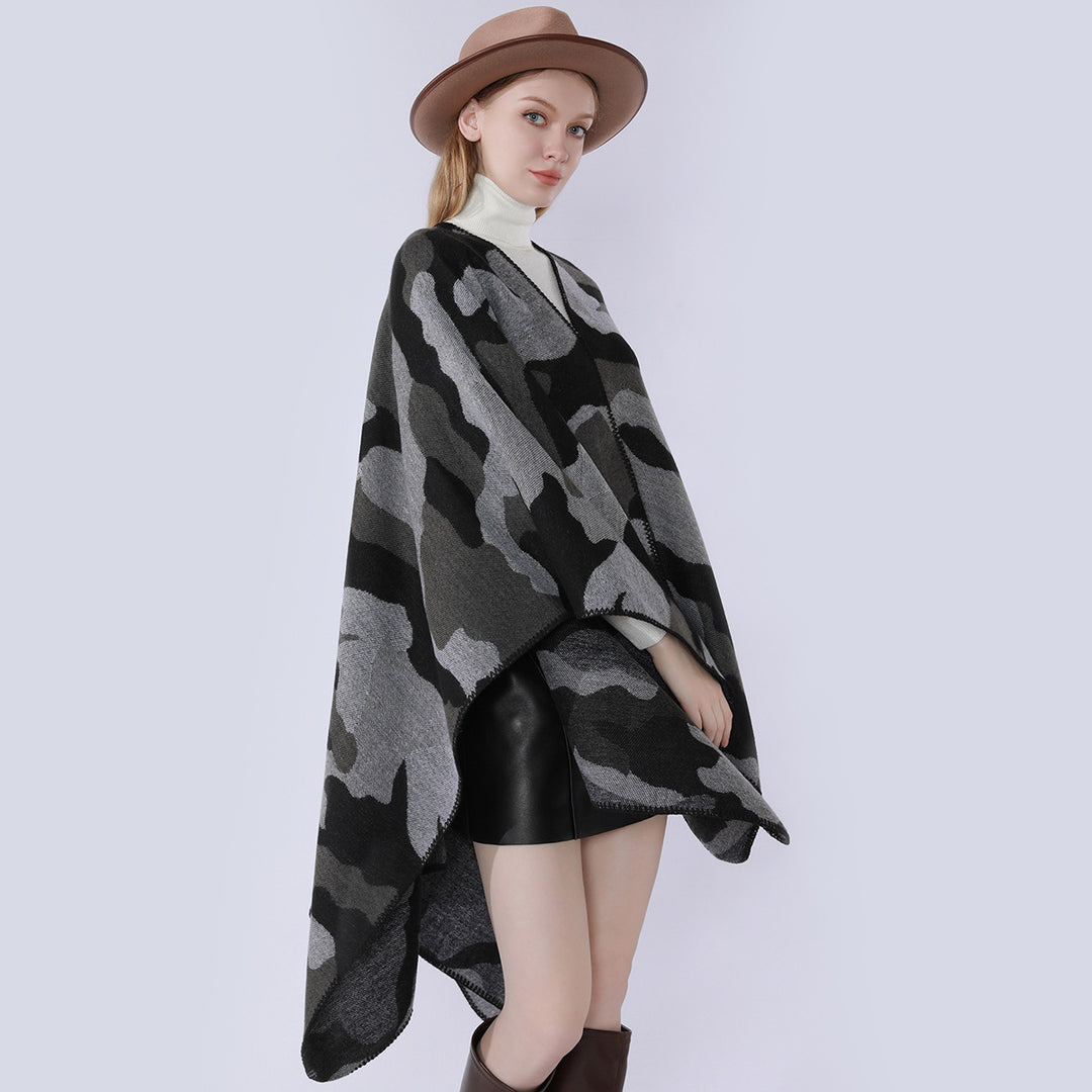 Damen Oversize-Cape mit Camouflage-Jacquard, offener Kimono-Fall und Ziernaht Drune