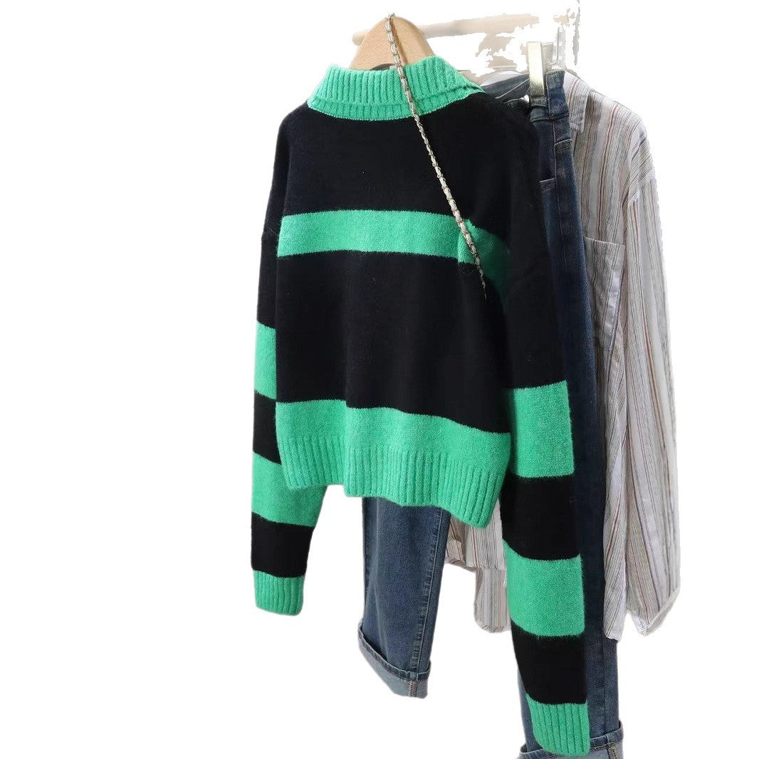 Damen Strickpullover mit tiefem V-Ausschnitt und gestreiftem Design Drune