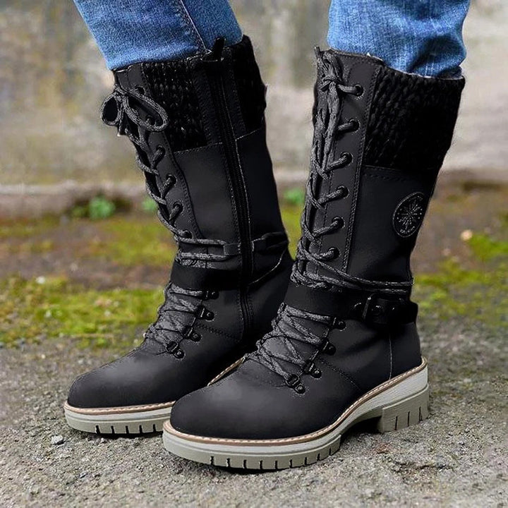 Damen nan gefütterte Schnürstiefel mit gestricktem Schaftbund, dekorativem Schnallenriemen und profilierter Gummisohle Drune