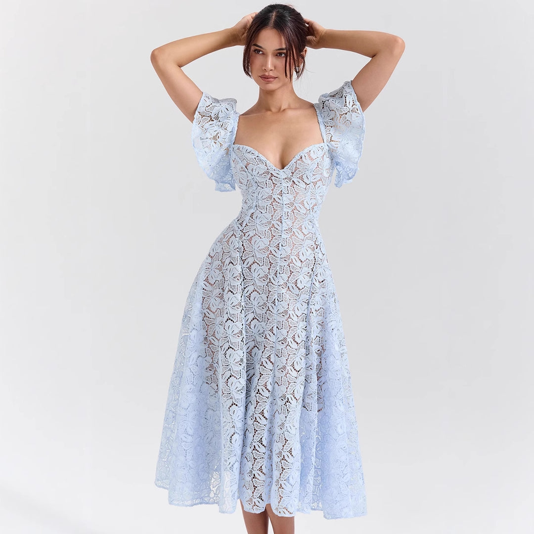 Damen Spitzenkleid mit voluminösen Rüschärmeln und ausgestelltem Rock Drune