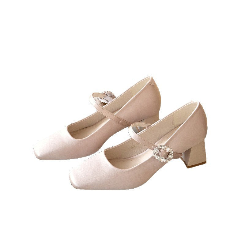 Damen Quadratische Mary‑Jane Pumps mit Riemchen, mittelhohem Blockabsatz und Kristallschnalle Drune