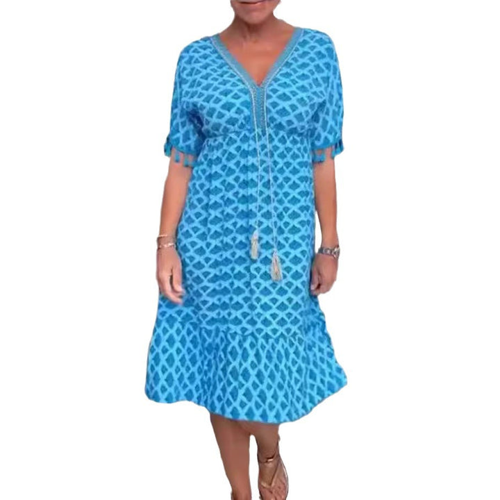 Damen nan lässiges V-Ausschnitt Strandkleid mit Quastenbindeband und Volantrock Drune