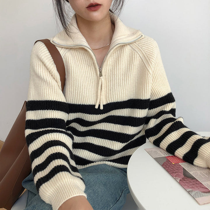 Damen gestreifter Pullover mit halblangem Reißverschluss und lässigem Schnitt Drune