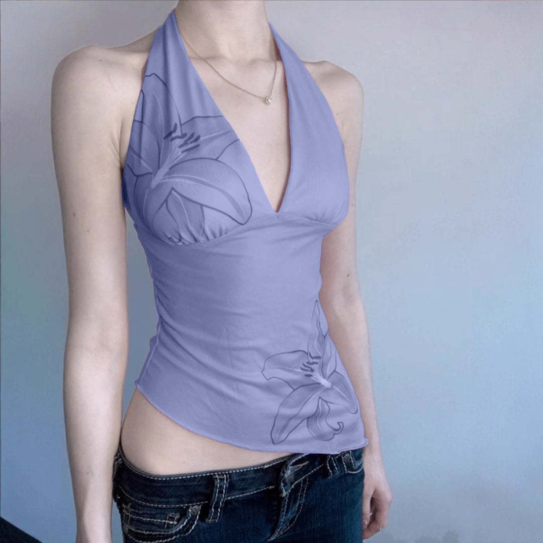 Damen Oberteil im Halterneck-Design mit floralem Druck und asymmetrischem Schnitt Drune