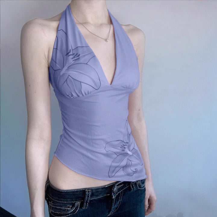 Damen Oberteil im Halterneck-Design mit floralem Druck und asymmetrischem Schnitt Drune