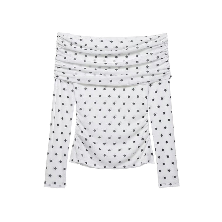 Damen Schulterfreies Langarm-Top mit Wasserfallkragen und Polka-Dot-Print Drune