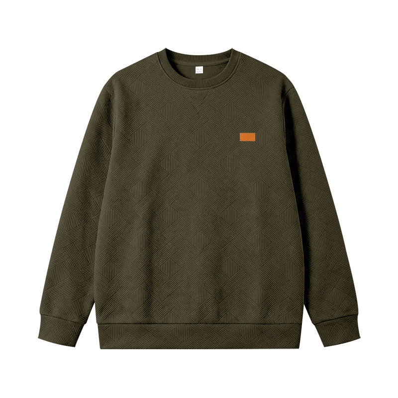 Unisex Texturierter Baumwoll-Crewneck-Sweatshirt mit Rautenstruktur und Lederpatch Drune
