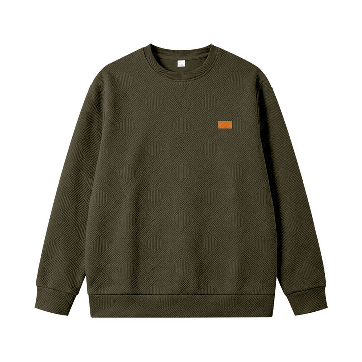 Unisex Texturierter Baumwoll-Crewneck-Sweatshirt mit Rautenstruktur und Lederpatch Drune