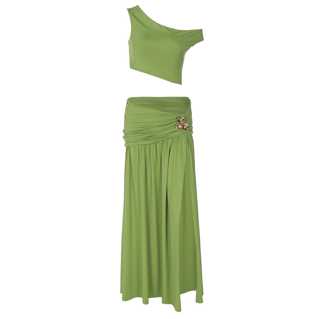 Damen Elegantes Off-Shoulder Maxikleid mit seitlichem Schlitz und raffiniertem Bund Drune