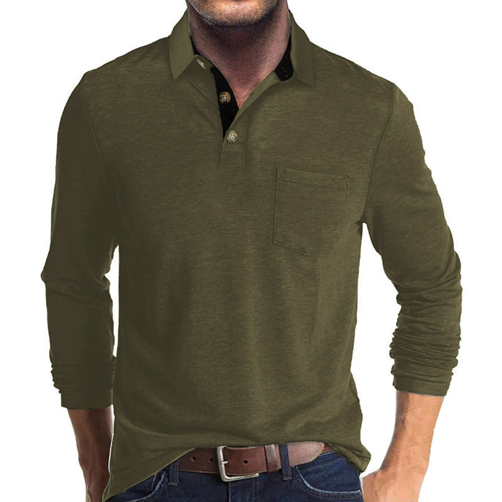 Herren langärmliges Polohemd mit Brusttasche, Kontrastknopfleiste und legerer Stretch-Passform Drune