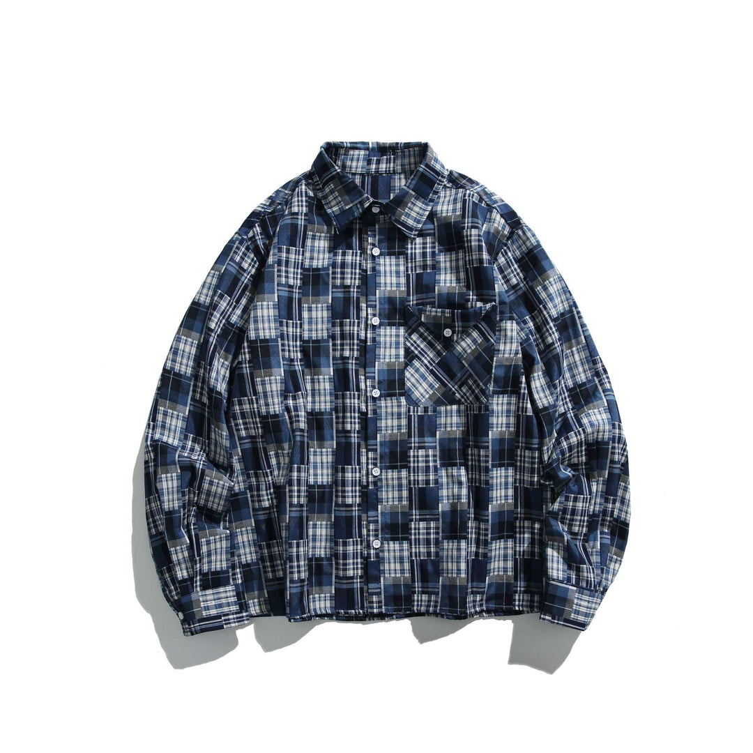 Unisex Patchwork-Karo-Hemdjacke im Oversize-Boxy-Schnitt mit Brusttasche und Kentkragen Drune
