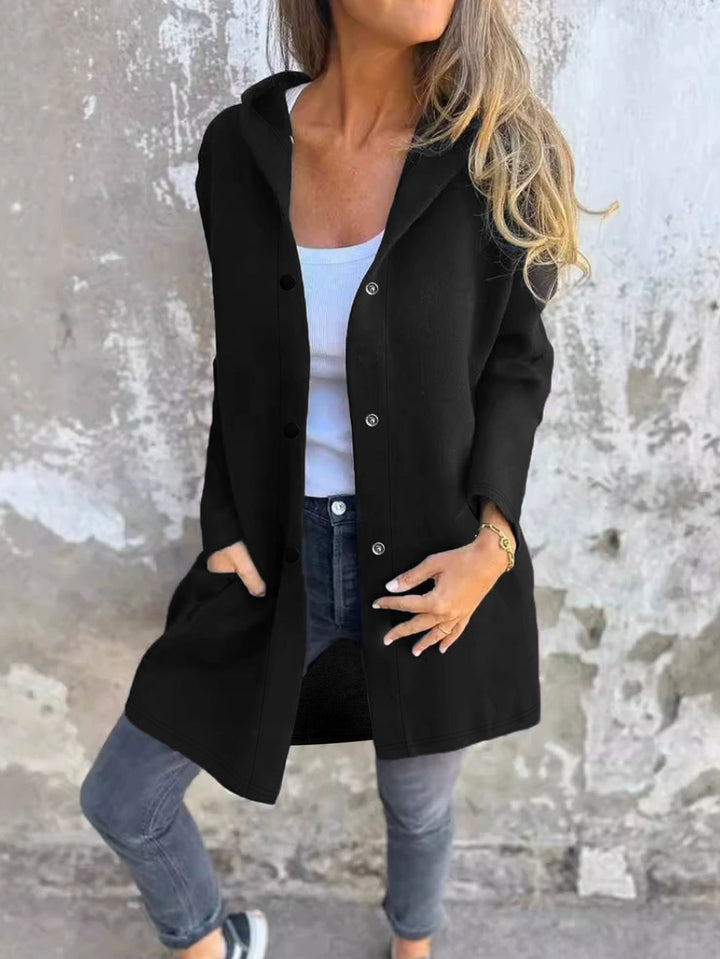 Damen Langer Kapuzen-Cardigan mit Druckknopfleiste, Eingrifftaschen und legerer Silhouette Drune