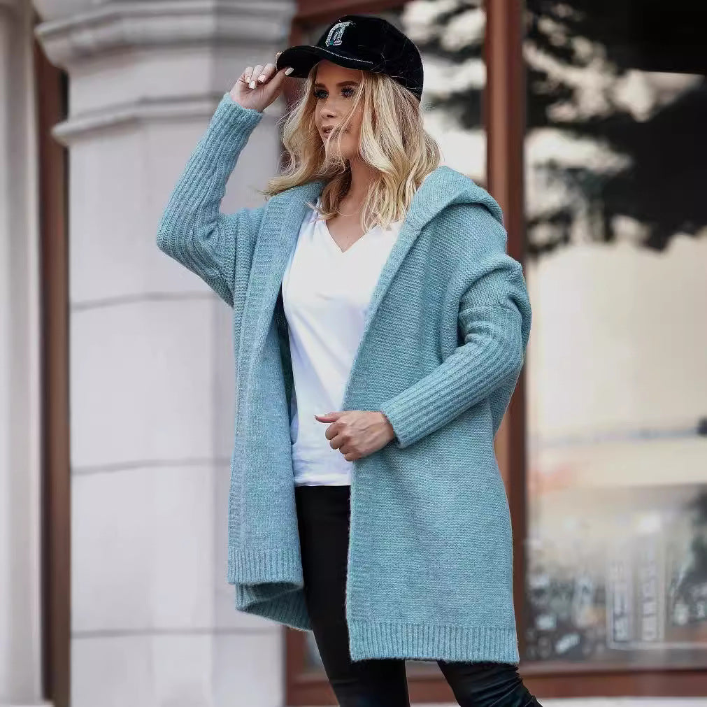 Damen lässiger Strickcardigan mit Kapuze und großen Taschen Drune