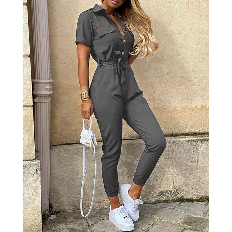 Damen Kurzarm-Utility-Overall mit Taillenbindegürtel und schmalem Joggerbein Drune