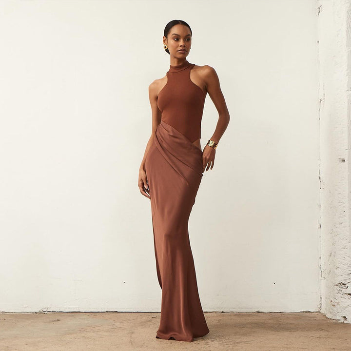 Damen Elegantes Wickelkleid mit hochgeschlossenem Design und seitlichem Schlitz Drune