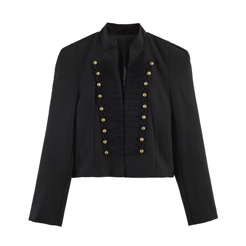 Damen Kurzgeschnittener militärinspirierter Blazer mit Stehkragen und Zierkordel-Front Drune