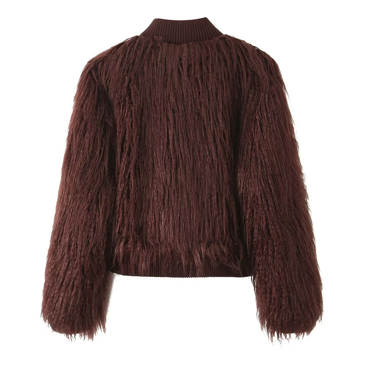 Damen Kurz geschnittene Shaggy-Faux-Fur-Strickjacke mit Rippkragen und Knopfleiste Drune