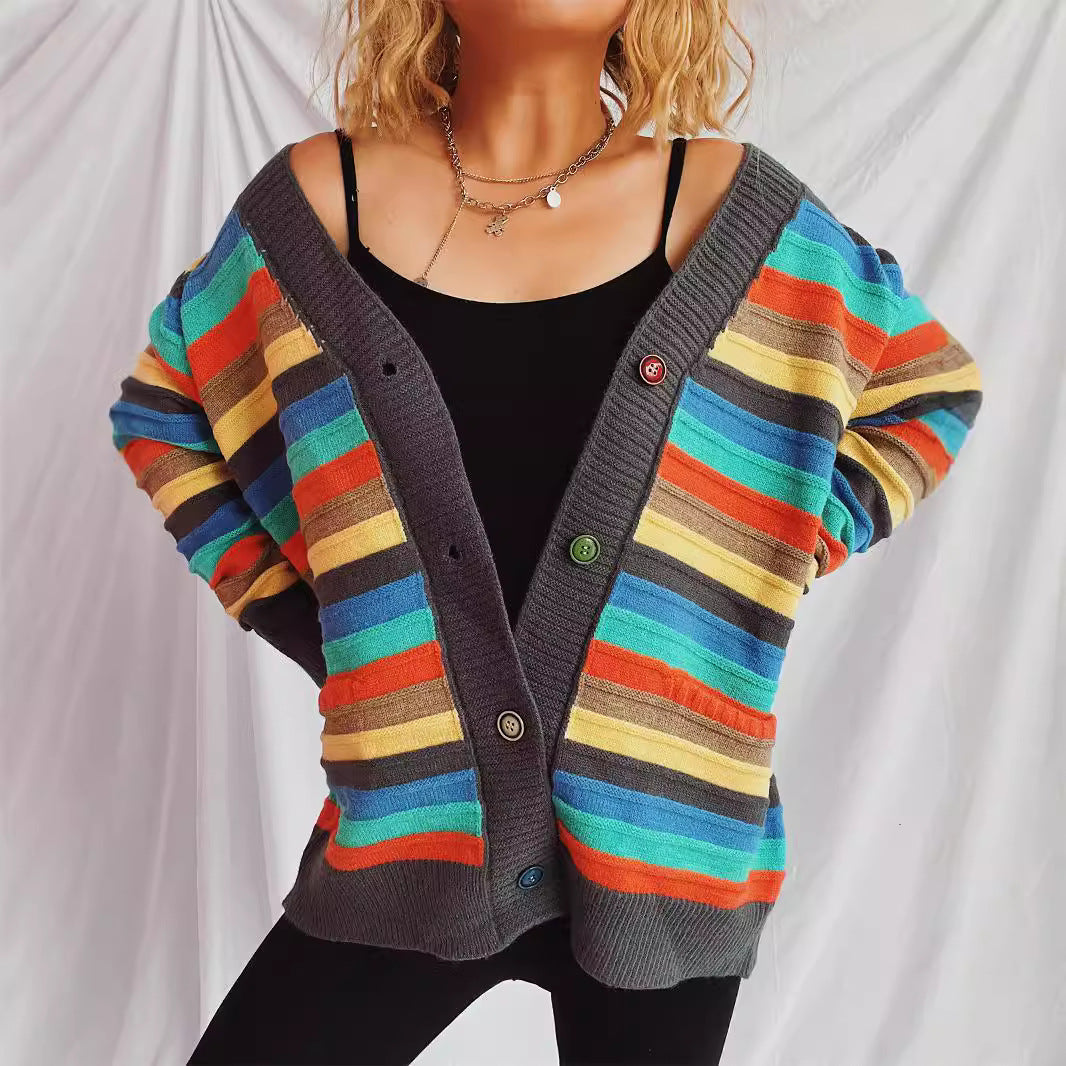 Damen lässige Strickjacke mit buntem Streifenmuster und lockerer Passform Drune