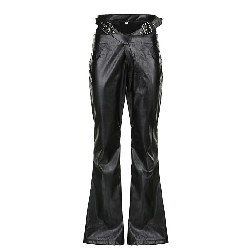 Damen Hochtaillierte Kunstleder-Hose mit ausgestelltem Schlag und doppelt geschnalltem Taillen-Gürtel Drune