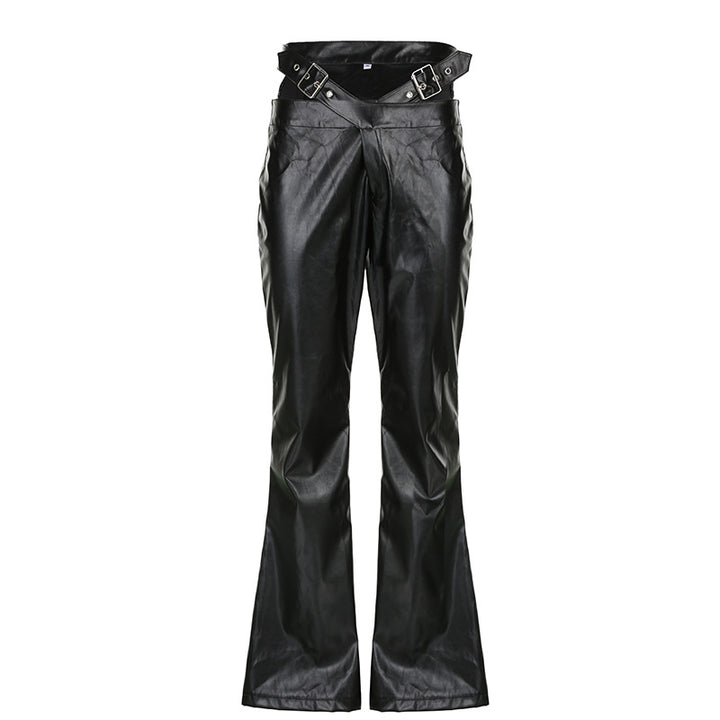 Damen Hochtaillierte Kunstleder-Hose mit ausgestelltem Schlag und doppelt geschnalltem Taillen-Gürtel Drune
