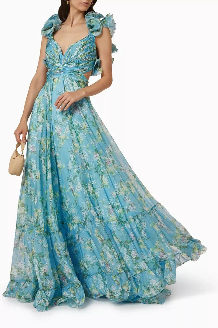 Damen Maxi-Kleid mit floralen Rüschen und schwingendem Design Drune
