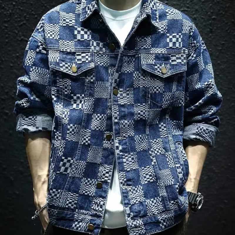 Herren Modische Denimjacke mit einzigartigem Karomuster Drune