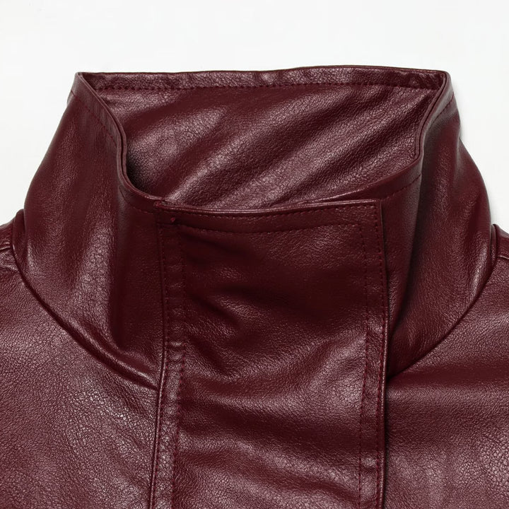 Damen Taillierte Kunstlederjacke mit hohem Stehkragen und Bindegürtel Drune