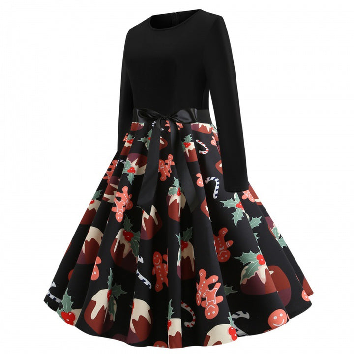 Damen Festliches Tellerkleid im Retro Stil mit langen Ärmeln tailliertem Oberteil und Satin‑Taillenschleife Drune