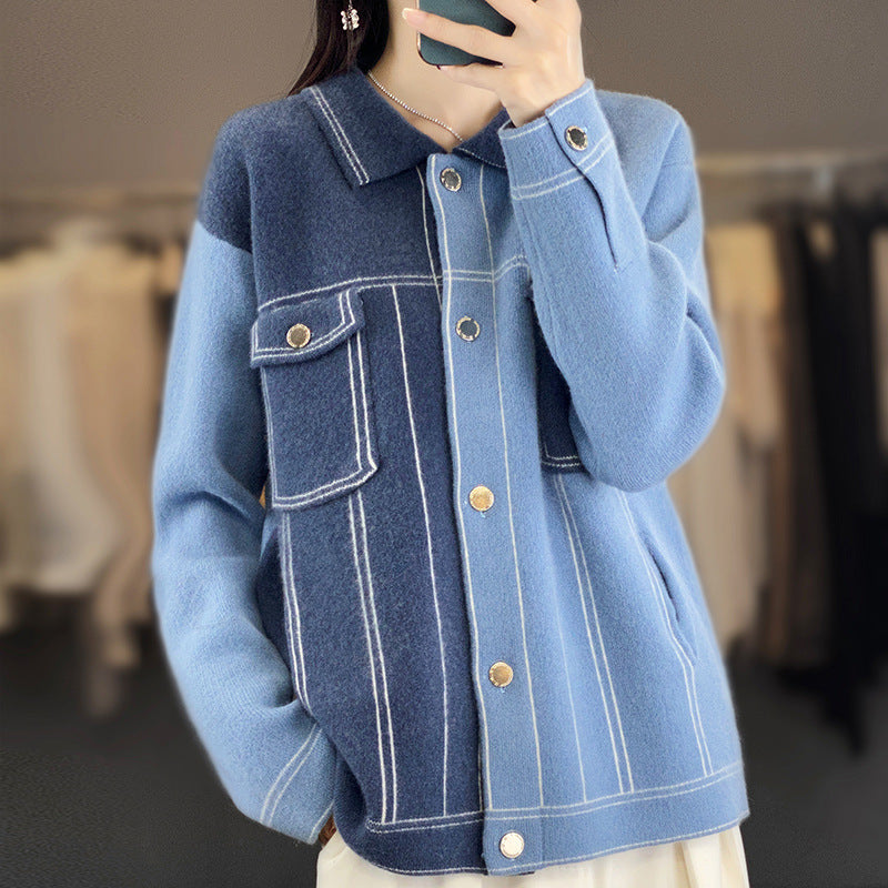 Damen Oversize-Strickjacke im Jeansjacken‑Look mit kontrastierenden Nahtdetails und Brusttasche Drune