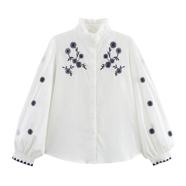 Damen nan bestickte Bluse mit Volumenärmeln und Rüschenstehkragen Drune