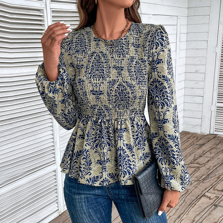 Damen Gerafftes Smock-Blusenshirt mit Peplum und voluminösen Puffärmeln Drune