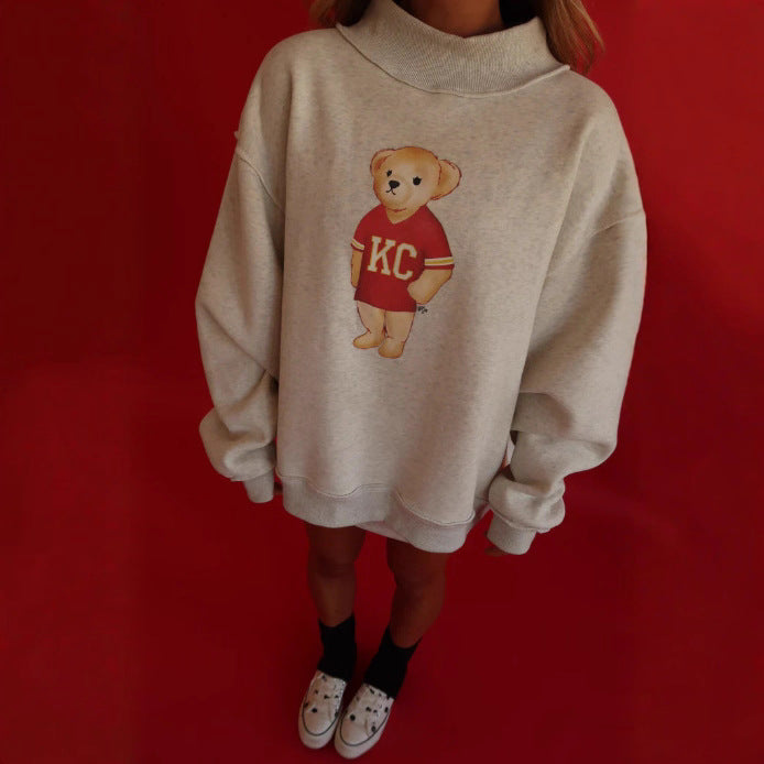 Damen nan weit geschnittener Sweatpullover mit Teddybär-Print und Stehkragen Drune