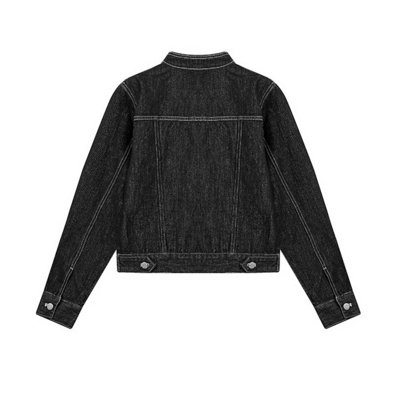 Damen Taillierte Jeansjacke mit Stehkragen, Ziernähten und Metallknopfverschluss Drune